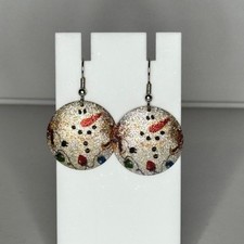 Snowman Round Dangle Drop Earrings Silver Tone Christmas Holiday