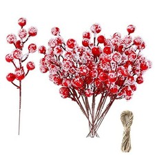 24 PCS Artificial Holly Berry Stem Picks with Artificial Holly Berry Stem-red