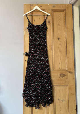 Vintage Per Una Black Polka Dot Hanky Hem Slip Midi Dress Y2K Cami Size 12 14