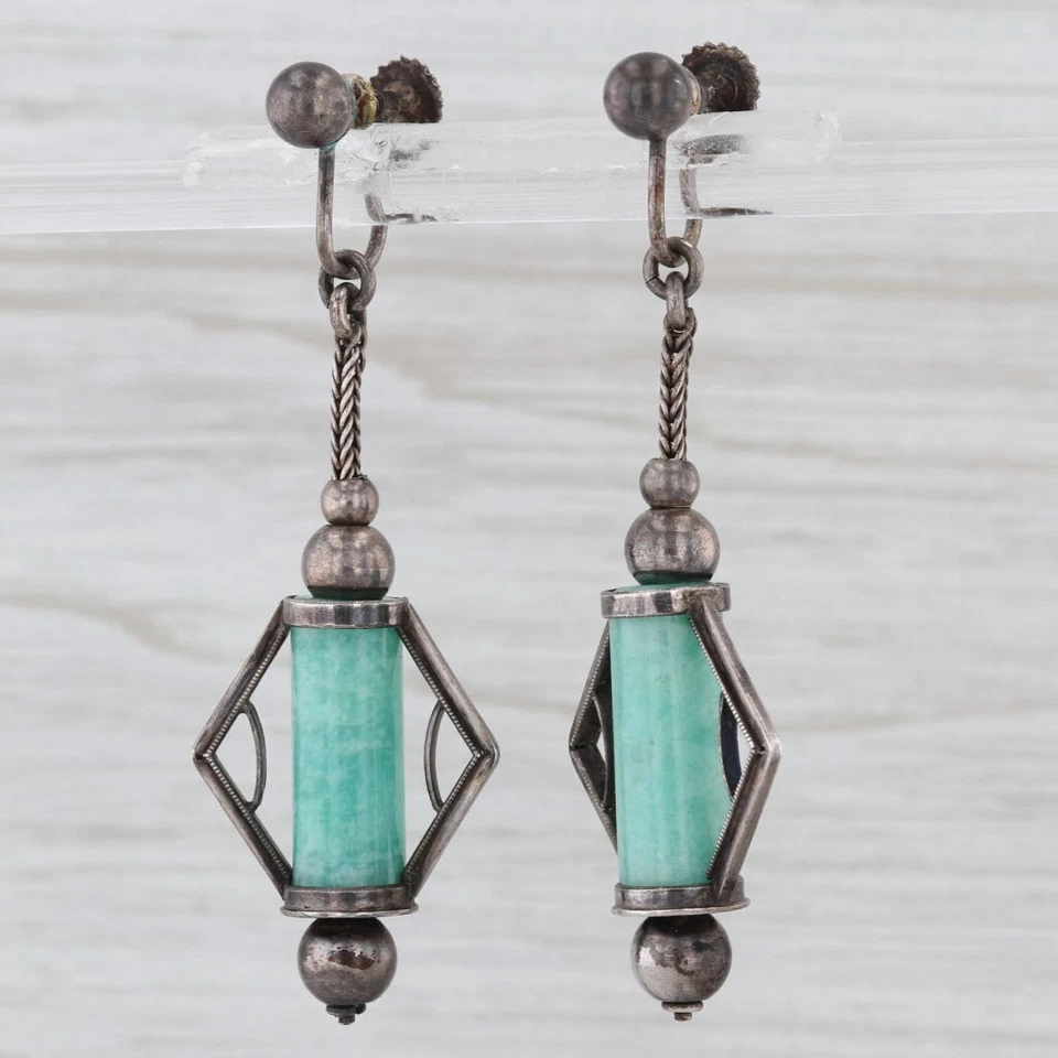 Vintage Amazonite Dangle Earrings Sterling Silver Screw Back Non Pierced As Is - Image 2 of 4