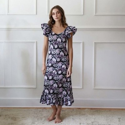 Millie Floral Cotton Maxi Dress XL Flutter Sleeves Ruffle V-Neck