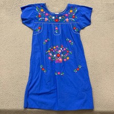 Mexican Oaxacan Dress Womens XL Blue Floral Embroidered Ethnic Fiesta Mexico
