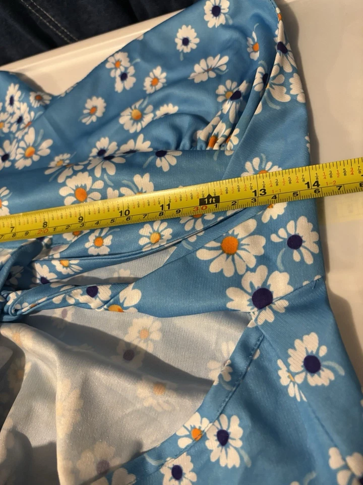 Mini Vestido Babydoll Halter Vintage Años 70 Mod Flower power S Para Mujer Cuello en V Azul Foto 2 de 4