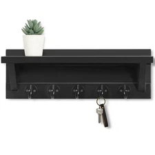 Black Rustic Wall Key Holder with Shelf Paulownia Wood for Keys Dog Leash