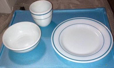 Vintage PYREX Corning Cup Cereal Soup Bowl 9'' Plate All White with Blue Stripe 2