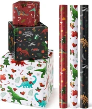 WERNNSAI Christmas Kids Wrapping Paper - 3 Rolls 17" x Dinosaur 