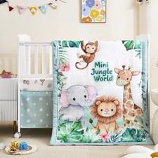 Baby Crib Bedding 3 Piece Set Light Sage Safari Comforter Sheet Skirt