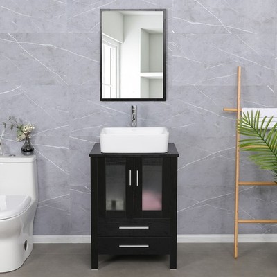 24'' Bathroom Vanity Cabinet Combo Organizer Top Vessel Sink W/ Faucet No Mirror