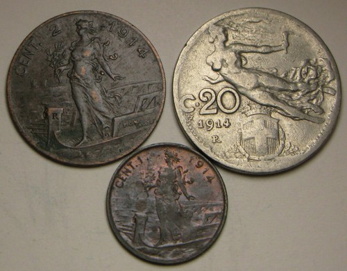 ITALY 1 Centesimo, 2 Centesimi & 20 Centesimi 1914 R - 3 Coins - 757 *