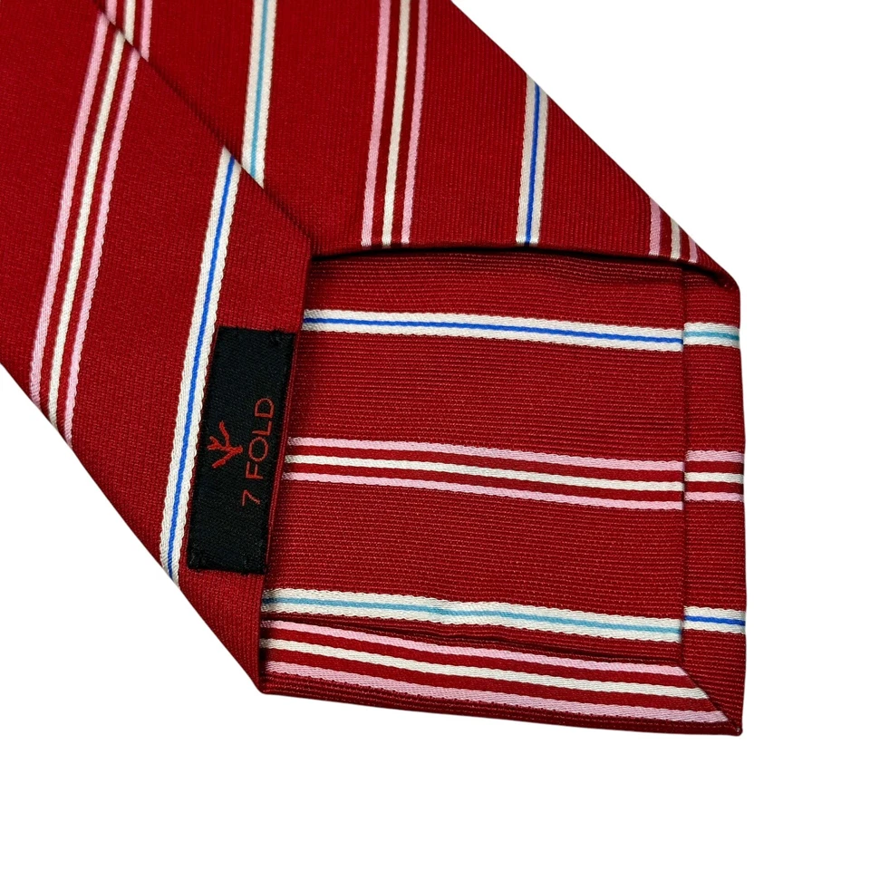 "Corbata a rayas ISAIA 7 pliegues rojo seda + rosa + azul 3,5"" X 58""" Foto 3 de 4