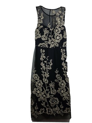 BEIGE BY ECI Womens 8 Black Sheer Floral light Beige Embroidery overlay Dress
