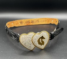 CRUMRINE Double Heart's Abstract Horse Head Western Belt Buckle w/ Black Belt 28