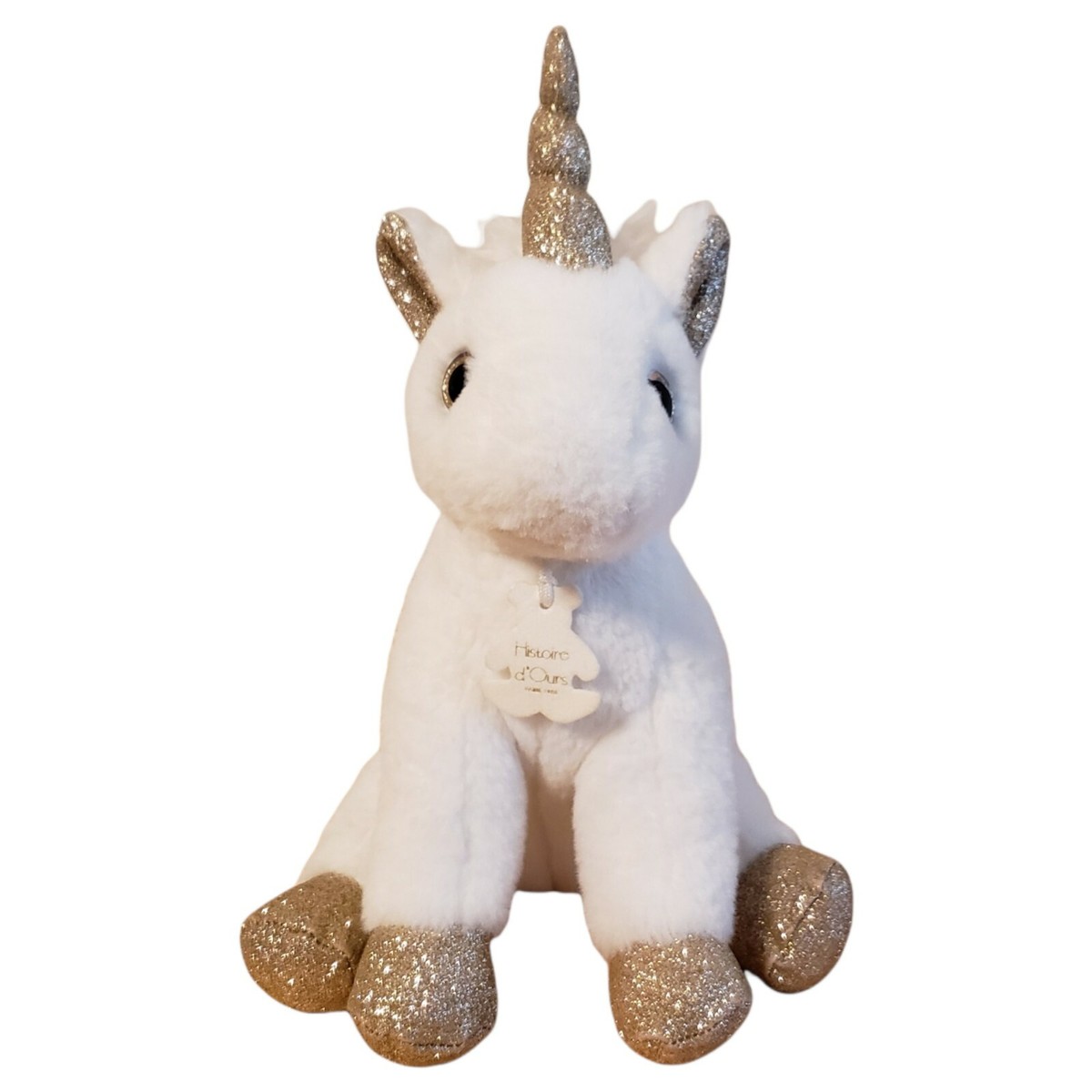Histoire d'Ours Soft Plush White and Sparkly Gold Sitting Unicorn