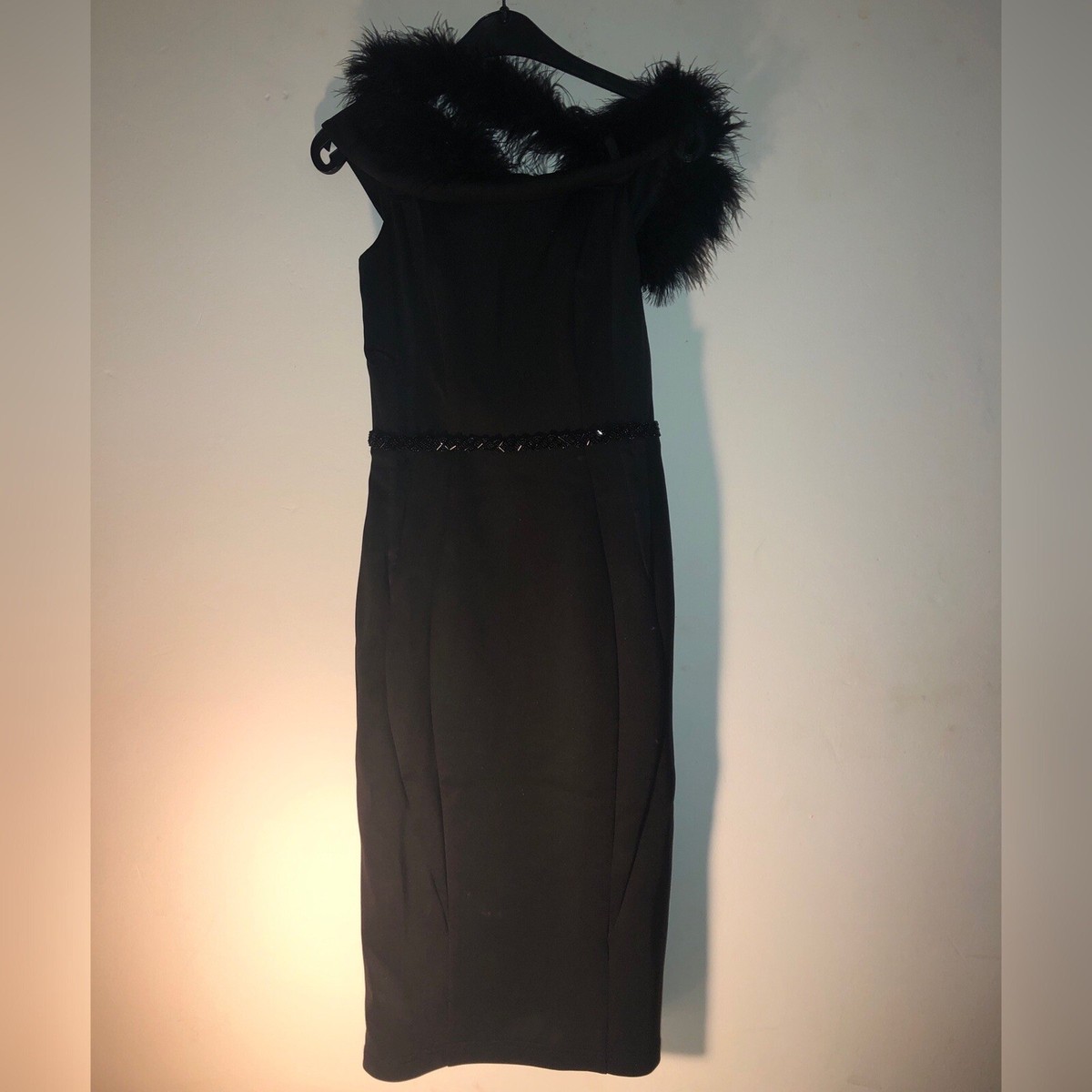 Lipsy London Black Faux Fur Collar Pencil Midi Beaded Belt Bardot Neck  Dress XS