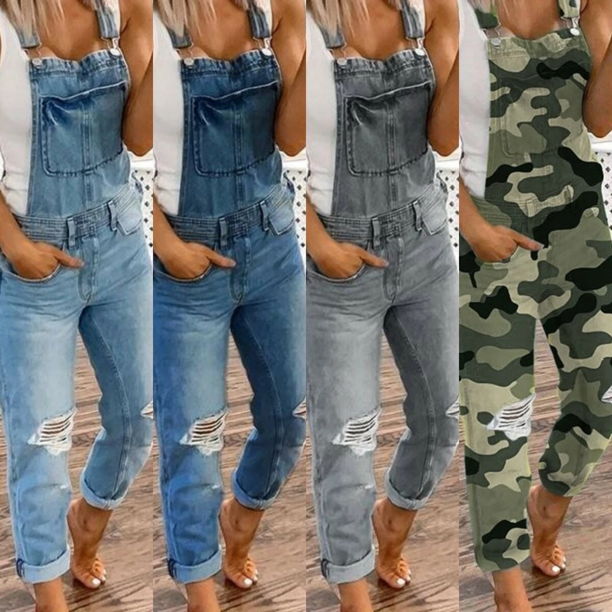 Womens Jeans Ripped Hole Denim Dungarees Ladies Jumpsuit Pants