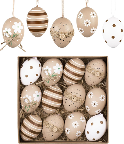 12Pcs Plastic Easter Eggs Ornaments Tree Decoration, 2'' Beige White Easter Eggs