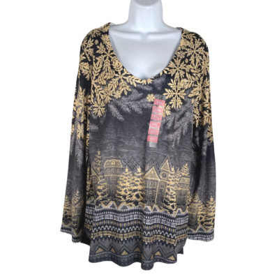 One World Top 2XL Glitter Snowflakes Winter Print Long Sleeve NWT TP-2630