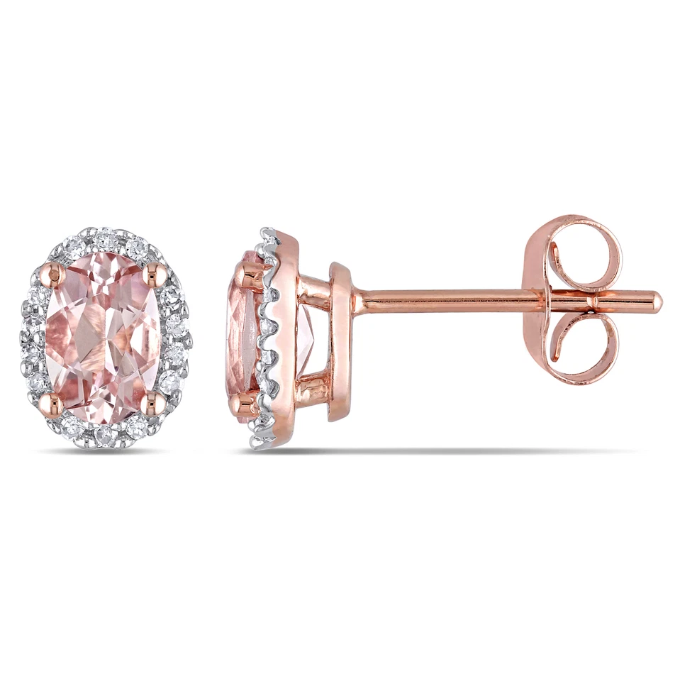 Amour 10k Rose Gold Morganite and 1/10CT TDW Diamond Halo Earrings