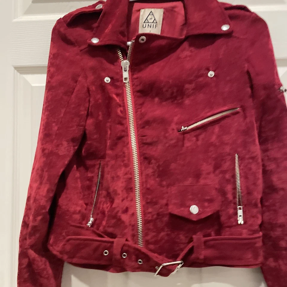 Chaqueta de moto UNIF para mujer talla pequeña roja sangre imitación gamuza/terciopelo Foto 2 de 4