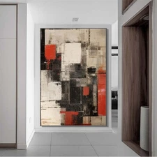 Red Hand-Painted Modern Abstract Oil Painting On Canvas Living Room Black Art