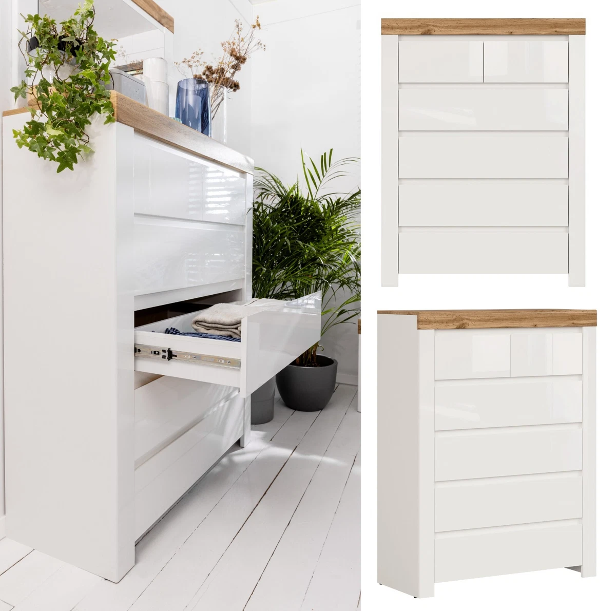 Tallboy Drawer Cabinet Storage 6 Soft Close Drawer White Gloss Oak Effect Holten