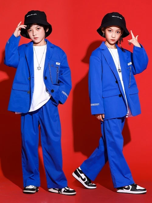 Jazz Performance Blue Hiphop Suit Hip Hop Dance Girls Boys Street Dance Wear - Image 2 of 4