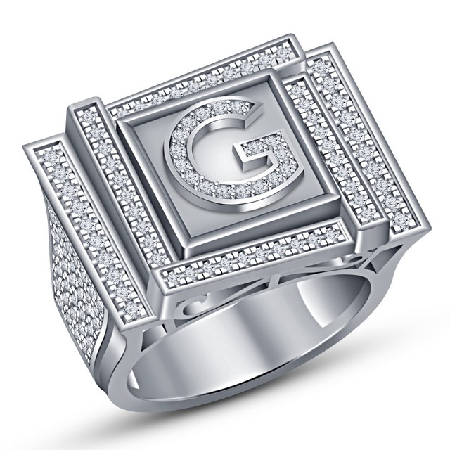 Diamond Initial 'G' Letter Men's Band Ring In 14K White Gold Finish 925