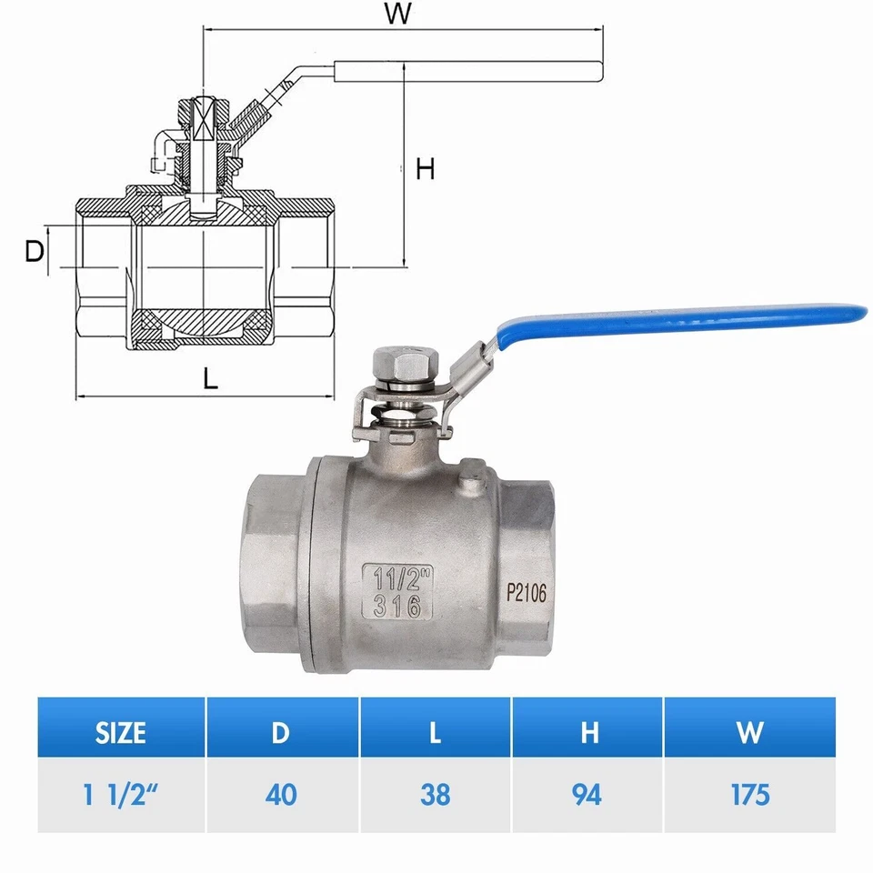 2P VAV 11/2" Ball Valve Full Port, 316 Stainless Steel,1000 WOG for Water,2 Pack - Image 3 of 4