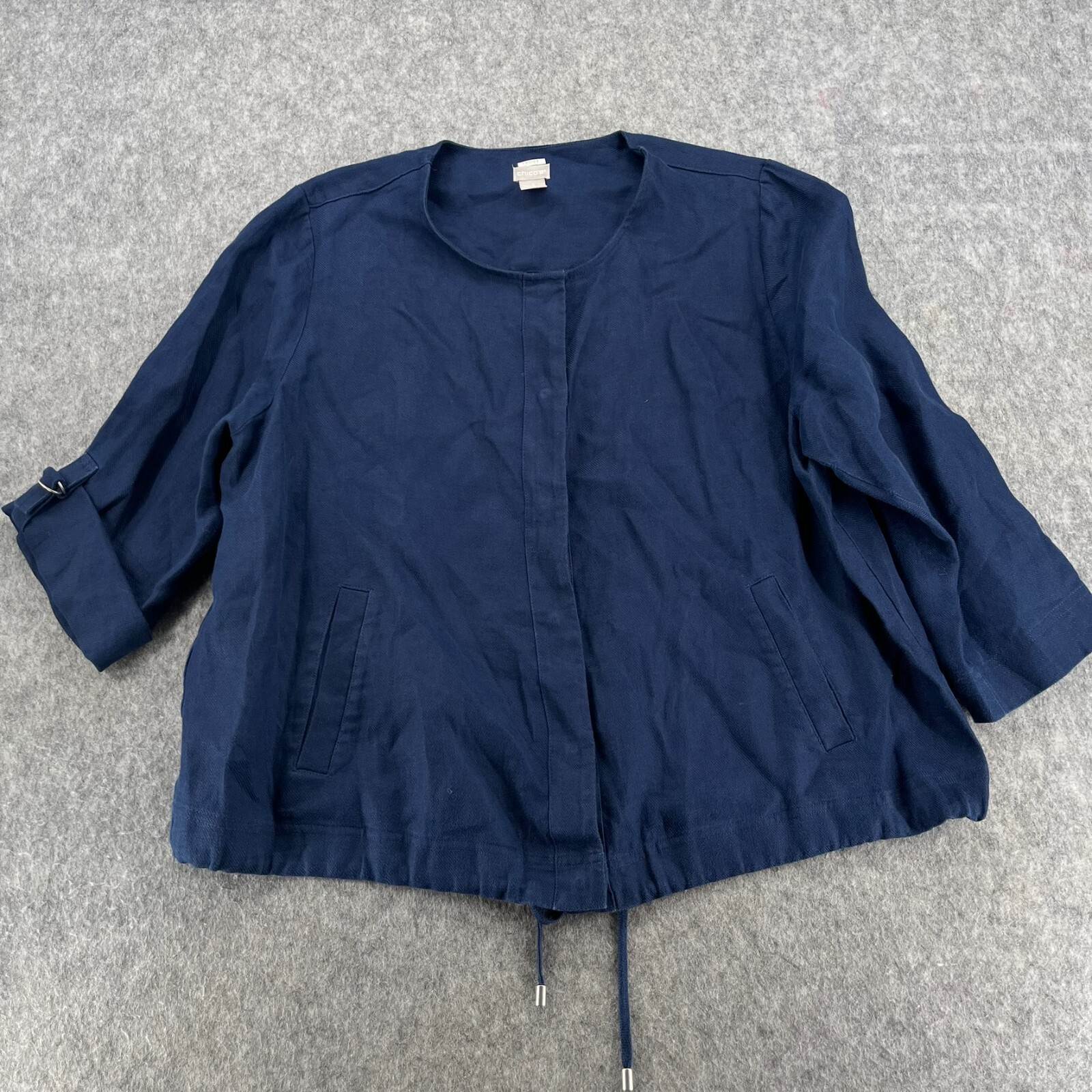 Chicos Womens Jacket Navy Size 3 Short Linen 3/4 Sleeve