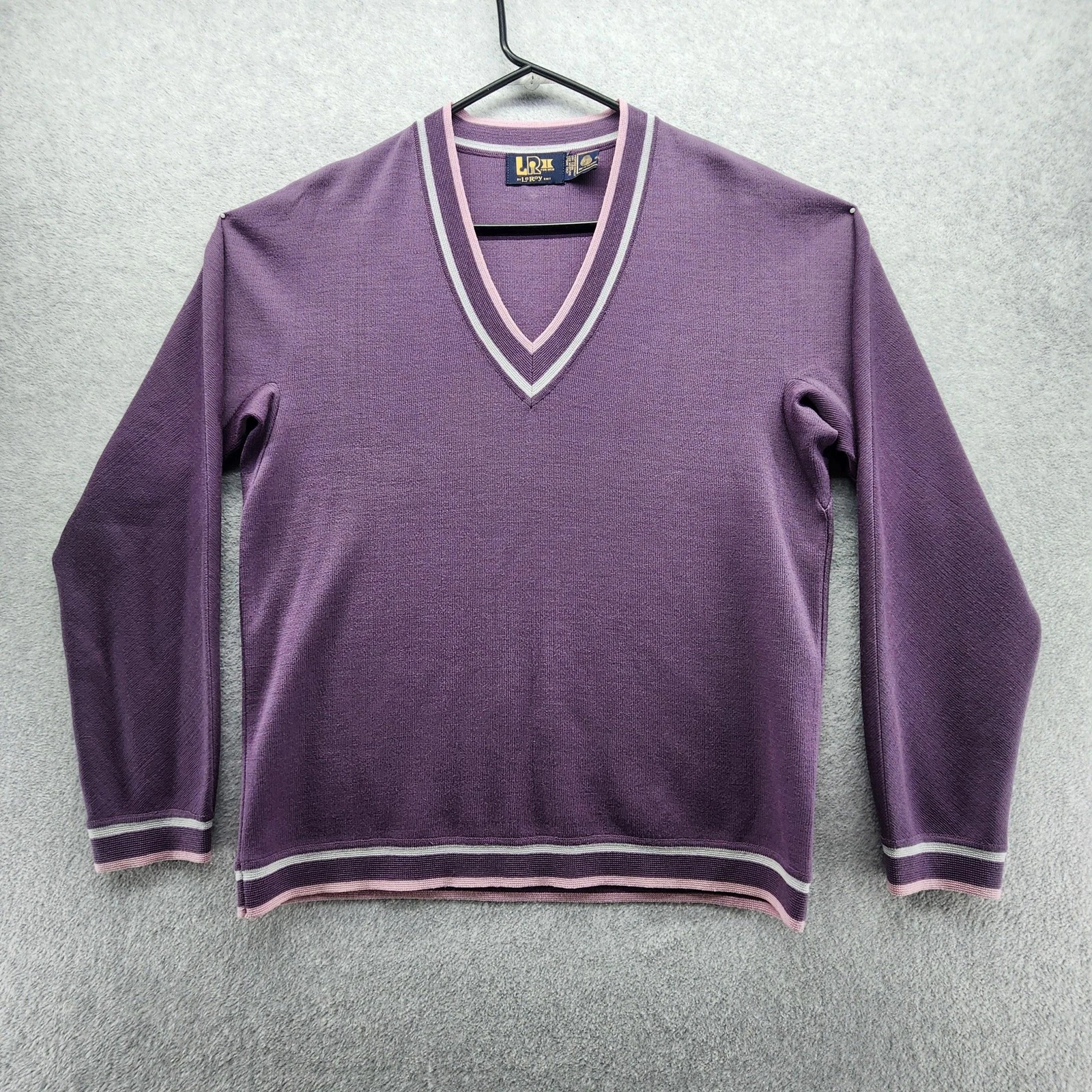 Vintage LeRoy Sweater Mens Large Purple Wool V Neck Pullover Stripe Trim 70s 80s