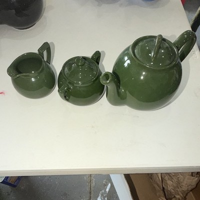 Lipton Tea Green Glazed Ceramic Tea Set Teapot Lid, Creamer & Sugar Bowl