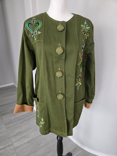 Bob Mackie Wearable Art To Wear Boho Embroidered Jacket Pea Green Multi Sz M - Picture 8 of 15