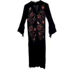 T Rose Floral Embroidered Duster Kimono Dress Black Pink Medium Sheer Ruffles