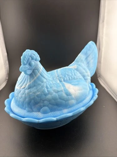 Fenton XL 8.25” Hen on Nest Blue White Slag Glass Covered Dish Farmhouse Décor