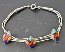 Fantastic Zuni Native American Muli Gemstone Inlay Liquid Silver 925 Bracelet