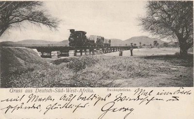 DSWA AK Eisenbahnbrücke mit Zug aus Windhuk über den Swakop 1907 n. Breslau - Bild 1 von 2