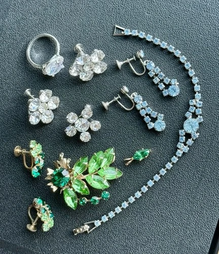 Vintage Colorful Rhinestone Brooch Earrings Bracelet Costume Jewelry Lot