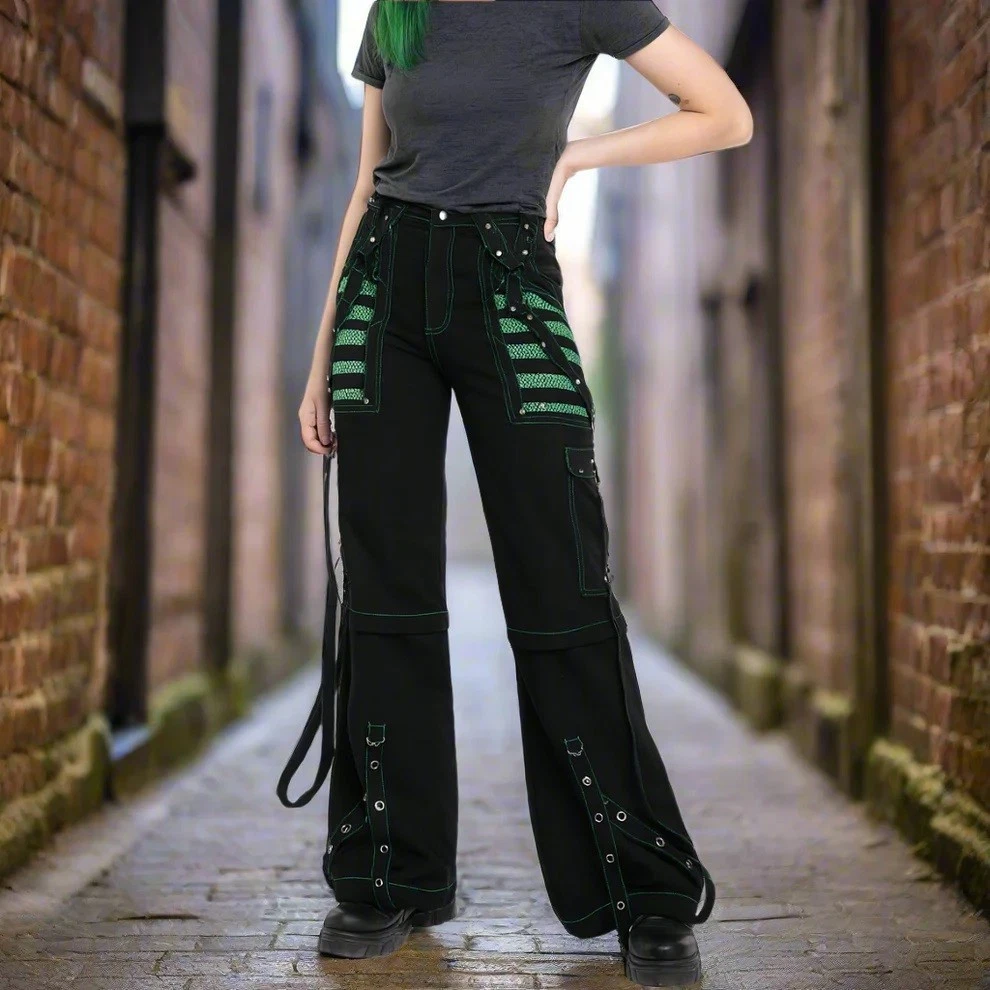 Women's CHAINS BLACK/GREEN RHINESTONES GOTHIC PUNK EMO PANTS STRAPS BAGGY PANTS