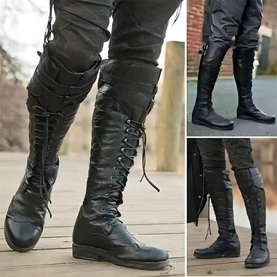 Men's Punk Lace Up Knee High Boots Knight Riding Boots Flat Faux PU Casual Shoes