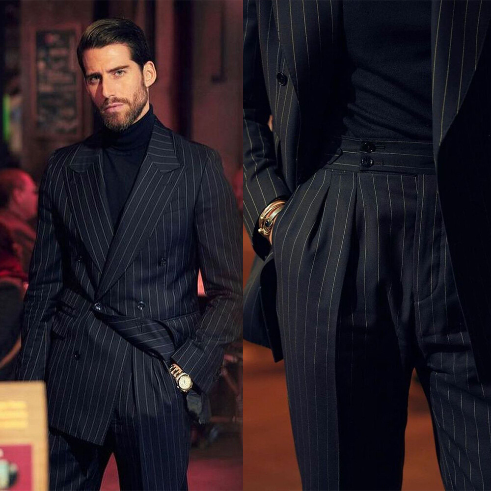 Blazer Hombre Trajes Rayas Azul Doble Pecho 40 42 52 44 38 46 54 48 50 Regular-image