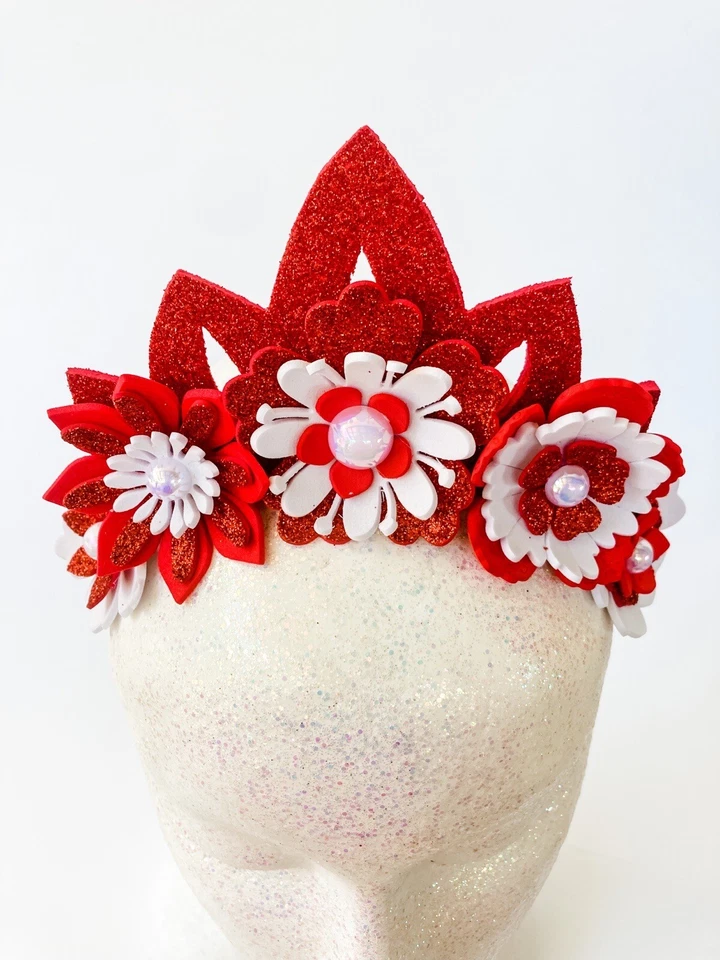 Tocado Tiara Corona Flor Navidad Rojo y Blanco Diadema Niño/Niño/Adulto Foto 2 de 4