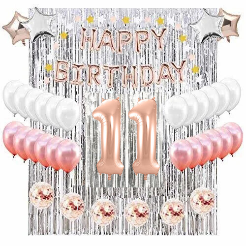 11th Birthday Complete Rose Gold & Silver Balloon Party Decoration Supplies
