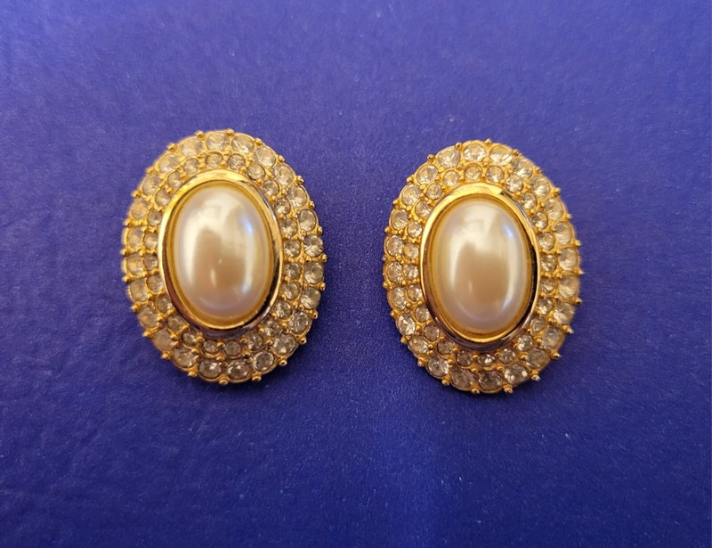 Vintage Rhinestone Earrings Double Row Clip-On Oval Faux Pearl Cabochon