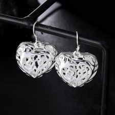 Womens 925 Sterling Silver Filigree Love Heart Drop Dangle Hook Earrings E361