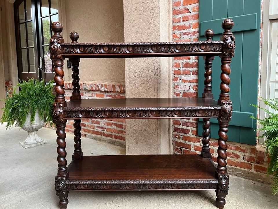 Antiguo aparador de servidor inglés cebada torcido tallado roble renacentista camarero Foto 2 de 4