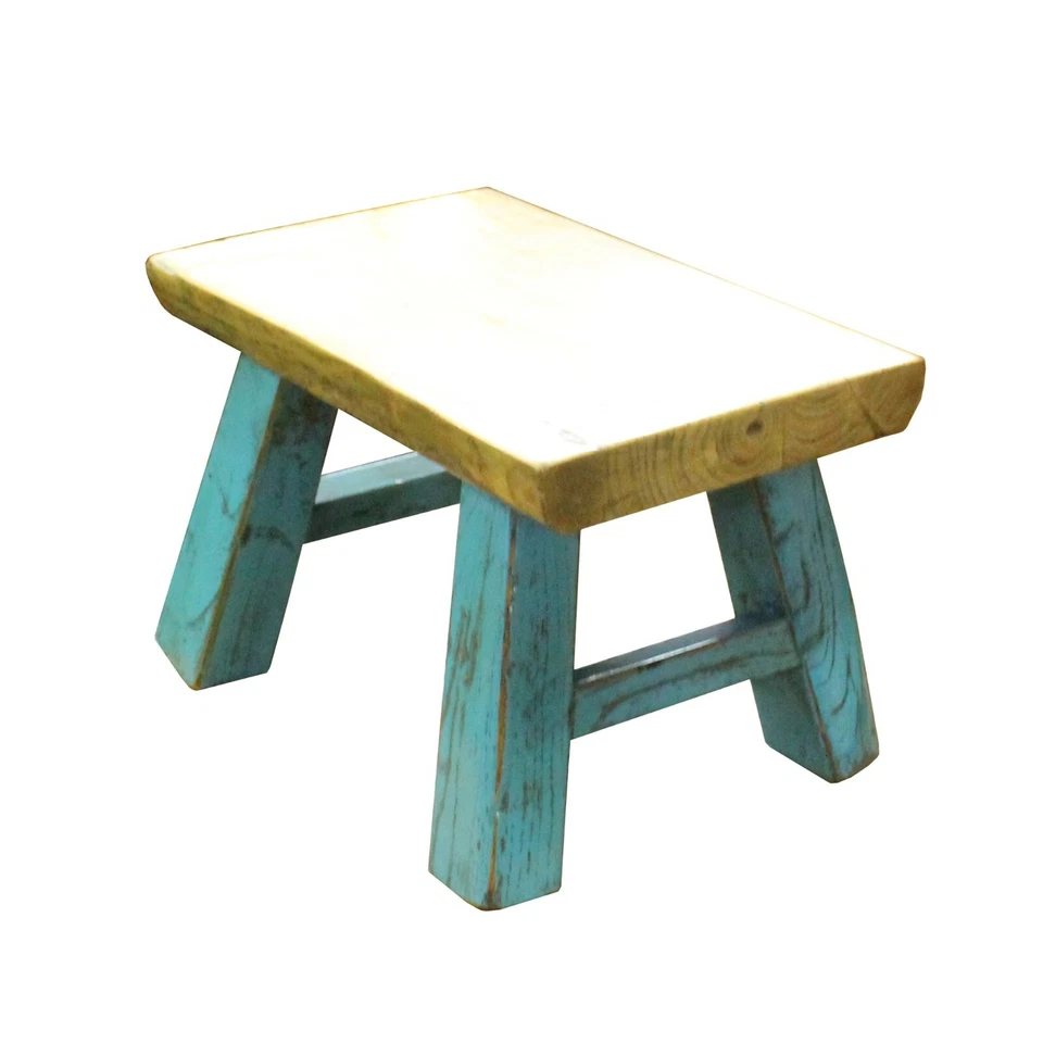 Raw Wood Top Finish Blue Legs Rectangular Short Stool Table cs5604 - Image 3 of 4
