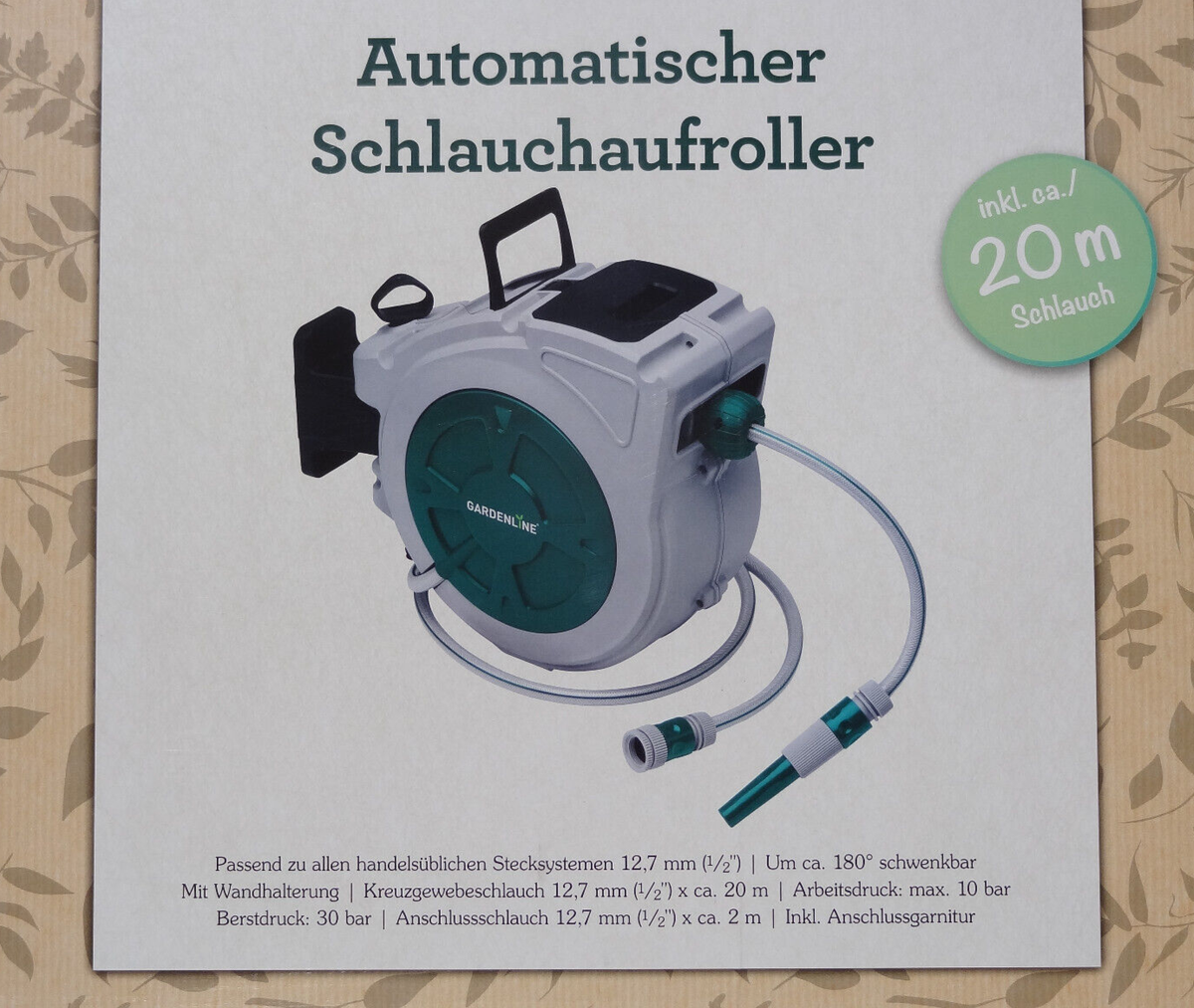 Gardenline Automatischer Schlauchaufroller Schlauchtrommel mit Wandhalterung neu