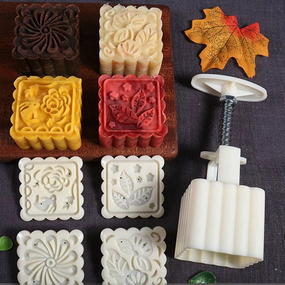 Four Flower Stamps Moon Cake Decor Mould DIY Pastry Square Mooncake Mold  Tool