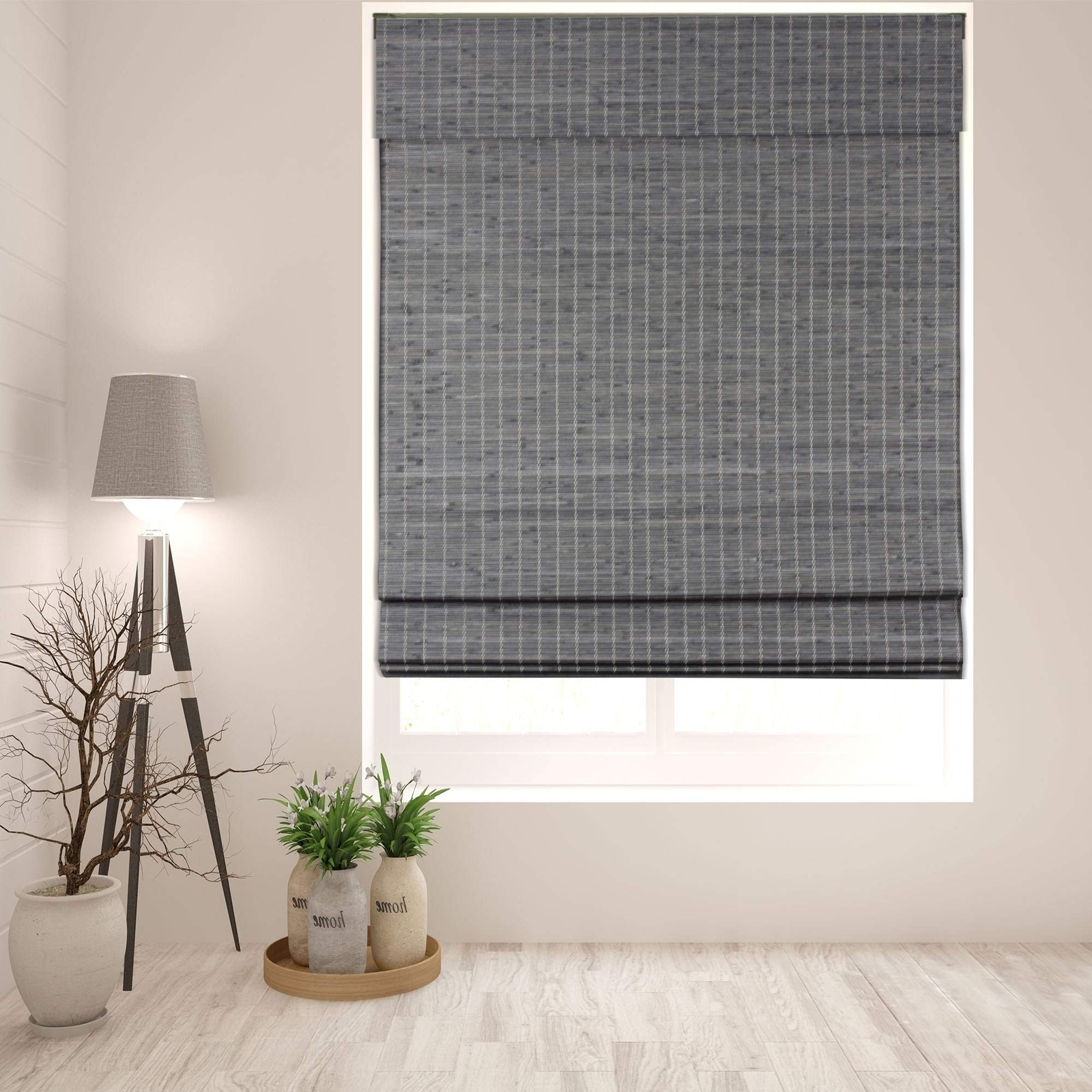 31x60 Graywash Bamboo Roman Shade Natural Wood Cordless Pull Down Blinds