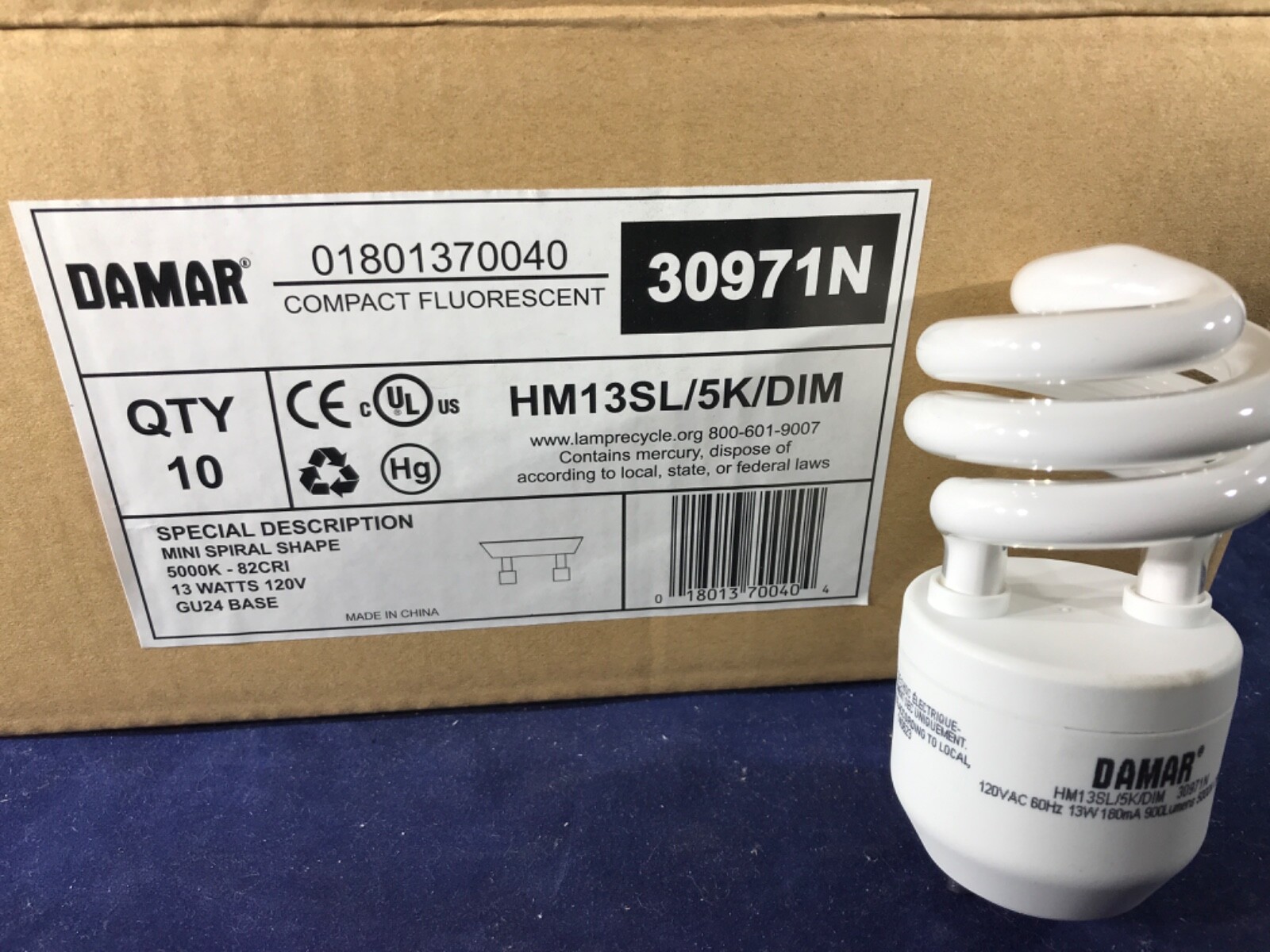 H-37 DAMAR COMPACT FLUORESCENT MINI SPIRAL SHAPE LIGHT BULBS - CASE OF 10 BULBS